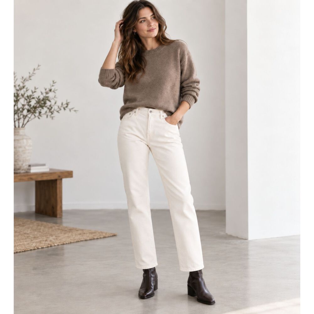 AG Straight Leg Jeans Quiet Luxury Clean Girl Old Money Minimalist Cream Ivory